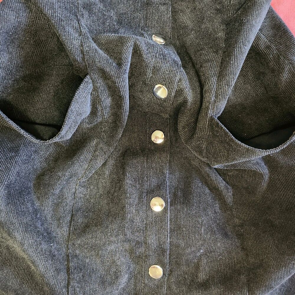 Black Corduroy Button Front Mini Dress Pinafore Style Pockets Size M - Picture 12 of 13